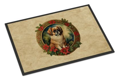 Tibetan Spaniel Christmas Flowers Doormat Front Door Mat Indoor Outdoor Rugs for Entryway, Non Slip Washable Low Pile, 24H X 36W -A