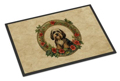 Tibetan Terrier Christmas Flowers Doormat Front Door Mat Indoor Outdoor Rugs for Entryway, Non Slip Washable Low Pile, 24H X 36W -C