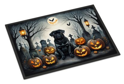 Black Pug Spooky Halloween Doormat Front Door Mat Indoor Outdoor Rugs for Entryway, Non Slip Washable Low Pile, 18H X 27W -I