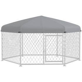 PawHut 6.9' x 6.1' x 4.9' Dog Kennel Outdoor Dog Run with Waterproof UV Resistant Roof Lockable Door for Medium & Large-Sized Dogs Silver