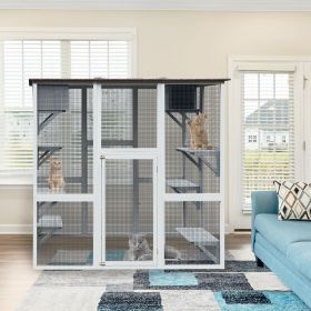 Wooden Enclosure 71" Outdoor House Weatherproof Asphalt Roof Large Playpen with 8 Jumping Platforms & 2 Napping Houses Walk-in Kennel Condo Shelter