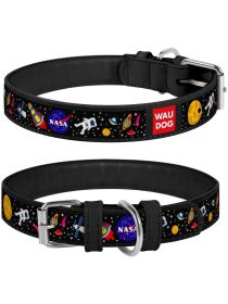 Leather Dog Collar with NASA Design S/M/L Dogs Heavy Duty Collar with Durable Metal Buckle 14-19 inch Neck x 1 inch Wide Nasa Pattern