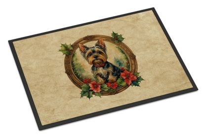 Yorkie Christmas Flowers Doormat Front Door Mat Indoor Outdoor Rugs for Entryway, Non Slip Washable Low Pile, 18H X 27W -K