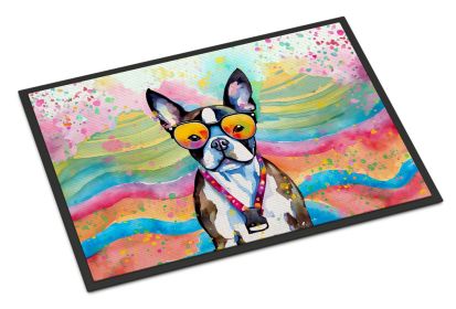 Boston Terrier Hippie Dawg Doormat Front Door Mat Indoor Outdoor Rugs for Entryway, Non Slip Washable Low Pile, 18H X 27W -A
