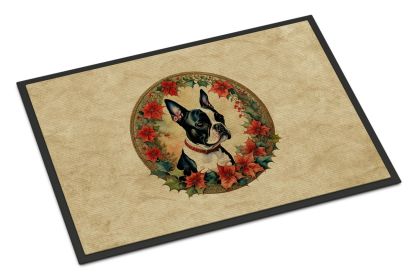 Boston Terrier Christmas Flowers Doormat Front Door Mat Indoor Outdoor Rugs for Entryway, Non Slip Washable Low Pile, 18H X 27W -L