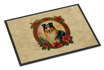 Collie Christmas Flowers Doormat Front Door Mat Indoor Outdoor Rugs for Entryway, Non Slip Washable Low Pile, 18H X 27W -L
