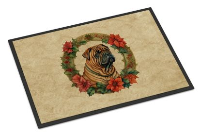 Shar Pei Christmas Flowers Doormat Front Door Mat Indoor Outdoor Rugs for Entryway, Non Slip Washable Low Pile, 24H X 36W -L
