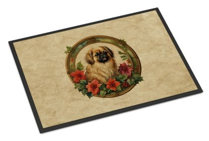 Pekingese Christmas Flowers Doormat Front Door Mat Indoor Outdoor Rugs for Entryway, Non Slip Washable Low Pile, 24H X 36W -L