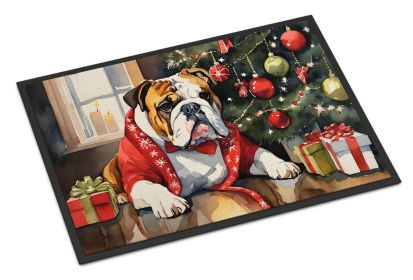 English Bulldog Cozy Christmas Doormat Front Door Mat Indoor Outdoor Rugs for Entryway, Non Slip Washable Low Pile, 24H X 36W -L