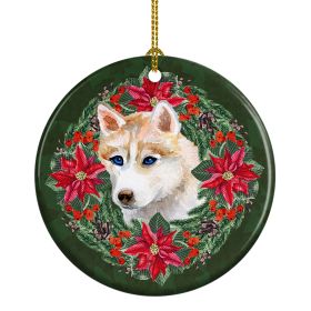 Siberian Husky Poinsetta Wreath Ceramic Ornament Christmas Tree Hanging Decorations for Home Christmas HolidayParty