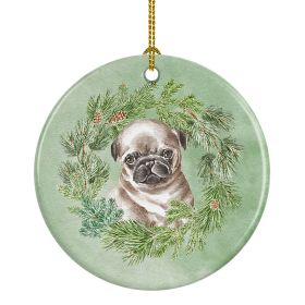Pug Puppy Fawn Head Tilt Christmas Wreath Ceramic Ornament Christmas Tree Hanging Decorations for Home Christmas HolidayParty
