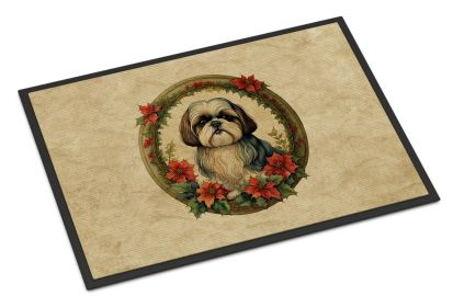 Shih Tzu Christmas Flowers Doormat Front Door Mat Indoor Outdoor Rugs for Entryway, Non Slip Washable Low Pile, 18H X 27W -K