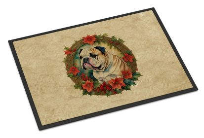 English Bulldog Christmas Flowers Doormat Front Door Mat Indoor Outdoor Rugs for Entryway, Non Slip Washable Low Pile, 18H X 27W -E