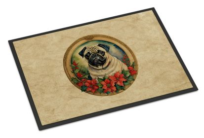 Pug Christmas Flowers Doormat Front Door Mat Indoor Outdoor Rugs for Entryway, Non Slip Washable Low Pile, 18H X 27W -A