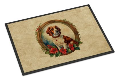Brittany Spaniel Christmas Flowers Doormat Front Door Mat Indoor Outdoor Rugs for Entryway, Non Slip Washable Low Pile, 24H X 36W -F