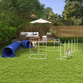 7pc Agility Training Equipment for Dogs w/ Tunnels, Weave Poles Adjustable Hurdle, Jumping Ring, Pause Box, Blue-Q