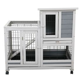 Wooden Rabbit Hutch Outdoor Pet Bunny House Wooden Cage with Ventilation Gridding Fence Openable Door Cleaning Tray Gray