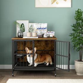 Modern Kennel Dogs up to 60 LB crate with Multi-Purpose Removable Tray Double-Door lift Panel 360 Degree Rotation -3 Height Adjustable Feeding Bowls