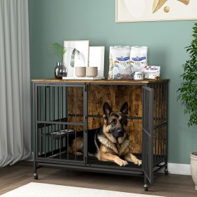 Modern Kennel Dogs up to 80 LB crate with Multi-Purpose Removable Tray Double-Door lift Panel 360 Degree Rotation -3 Height Adjustable Feeding Bowls