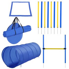 4PC Obstacle Dog Agility Training Course with Jump Hurdle Tunnel Pause Bo, Weave Poles and Carrying Bag Backyard Competitive Equipment- Blue/Yellow-M