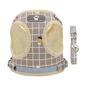 Dog Harnesses & dog leash set; New Pet Towing Rope Vest Dog Chest Strap Breathable Reflective Small Dog Towing Rope Pet Supplies (colour: Khaki lattice, Specification (L * W): M)