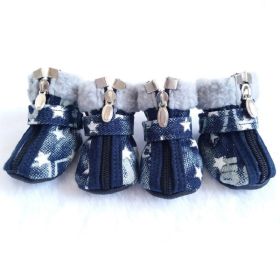 Pet Booties Set 4 PCS Warm Winter Snow Stylish Shoes Skid-Proof Anti Slip Sole Paw Protector with Zipper Star Design (Color: White, size: L)